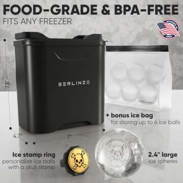 Berlinzo Premium Clear Ice Ball Maker - 2 Large 2.4" Crystal Clear Ice Balls for Whiskey, Cocktails, and Bourbon, Easy-to-Remove Ice Sphere Mold, Storage Bag & Ice Stamp Press Ring Included, Black