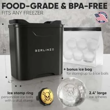 Berlinzo Premium Clear Ice Ball Maker - 2 Large 2.4" Crystal Clear Ice Balls for Whiskey, Cocktails, and Bourbon, Easy-to-Remove Ice Sphere Mold, Storage Bag & Ice Stamp Press Ring Included, Black