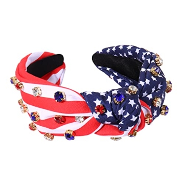 American Flag Headband Patriotic Rhinestone Cross Knotted Turban Hair Hoop 4th of July Crystal Twist...