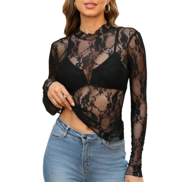 OFEEFAN Women's Long Sleeve Mesh Top - High Neck, Elegant Lace Layering Top, Lightweight Floral Desi...