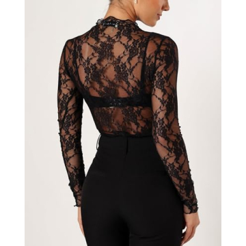 OFEEFAN Women's Long Sleeve Elegant Lace Mesh Top