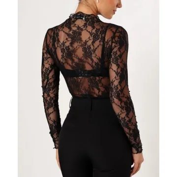 OFEEFAN Women's Long Sleeve Elegant Lace Mesh Top