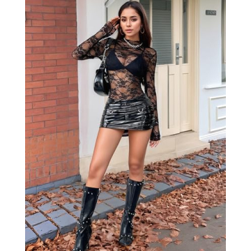 OFEEFAN Women's Long Sleeve Elegant Lace Mesh Top