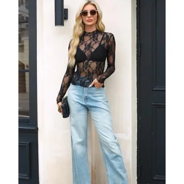 OFEEFAN Women's Long Sleeve Elegant Lace Mesh Top