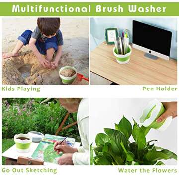 Fivtyily Portable Collapsible Paint Brush Washer with Brush Holder Silicone Washing Bucket for Watercolor Acrylic Oil Painting (Green)