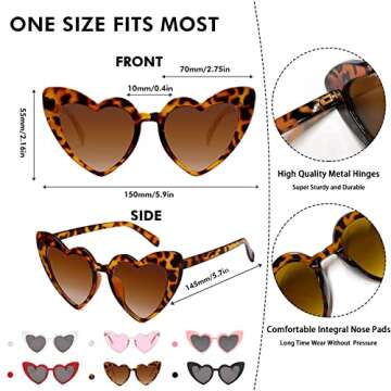 Pibupibu 6 Pack Reteo Heart Shape Sunglasses for Women, Trendy Vintage Cat Eye Glasses for Bachelorette Party Favors