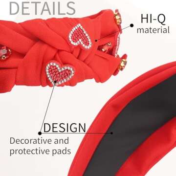 SARATA Valentine’s Day Headband for Women Love Heart Headband Jeweled Crystal Rhinestone Knotted Headband Red Pink Wide Top Knot Headband Valentine’s Day Hair Accessories Gifts (red hear, medium)