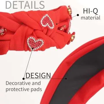 SARATA Valentine’s Day Headband for Women Love Heart Headband Jeweled Crystal Rhinestone Knotted Headband Red Pink Wide Top Knot Headband Valentine’s Day Hair Accessories Gifts (red hear, medium)