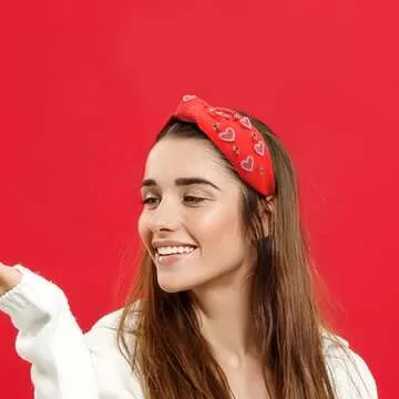 SARATA Valentine’s Day Headband for Women Love Heart Headband Jeweled Crystal Rhinestone Knotted Headband Red Pink Wide Top Knot Headband Valentine’s Day Hair Accessories Gifts (red hear, medium)