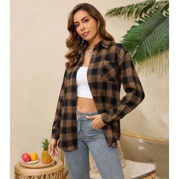 koufland Plaid Flannel Button Up Drop Shoulder Shirts for Women Oversized Long Sleeve Button Down Sh...
