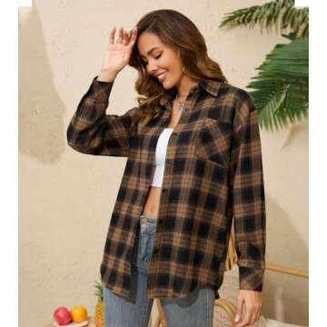 koufland Plaid Flannel Button Up Drop Shoulder Shirts for Women Oversized Long Sleeve Button Down Shirt Loose Roll Up Blouse Tops(1-Khaki,XX-Large)
