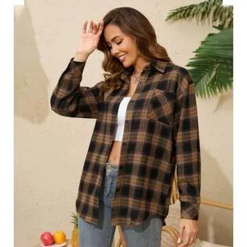 Koufland Women's Plaid Flannel Button-Up Shirt for Fall