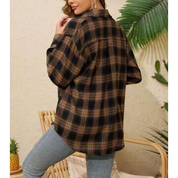 koufland Plaid Flannel Button Up Drop Shoulder Shirts for Women Oversized Long Sleeve Button Down Shirt Loose Roll Up Blouse Tops(1-Khaki,XX-Large)