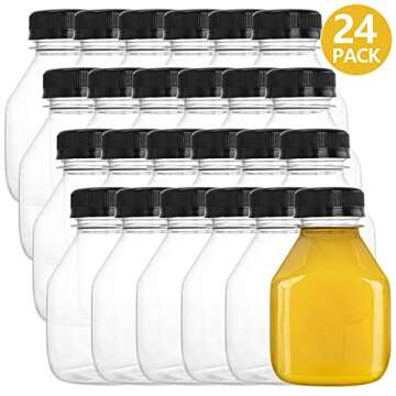 DEAYOU 24 Pack Plastic Juice Bottles, 8 OZ Empty Clear Beverage Bottles with Caps, Small Reusable Drink Container with Black Tamper Evident Lid for Take Out, Milk, Smoothie, Juicing, Cold Drinks