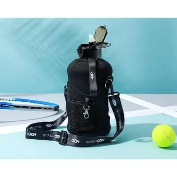 H2O Capsule 2.2L Half Gallon Water Bottle with Storage Sleeve and Removable Straw – BPA Free Large Reusable Drink Container with Handle - Big Sports Jug, 2.2 Liter (74 Ounce), Jet Black