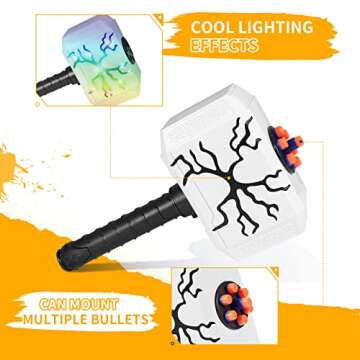 Coophit Thors Dart-Blasting Hammer Toy Gun for Nerf Guns Bullets with Lights -Toys for 5 6 7 8 9+ Year Old Boys,Kids Roleplay Toy Thunder Mjolnir with 30 Darts