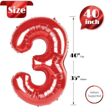 Red Number 3 Balloon 40 Inch, 3 Balloon Number, 3rd Birthday Decorations, Red Party Supplies for Boys Girls