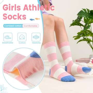 Kids Girls Athletic Sport Socks - Breathable & Soft Cotton - Pink Set (6 Pairs, 5-8 Years)