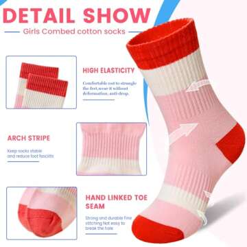 Athletic Girls Cotton Socks for Ages 5-8 - 6 Pairs