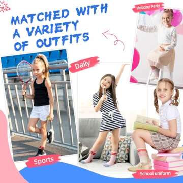 Athletic Girls Cotton Socks for Ages 5-8 - 6 Pairs