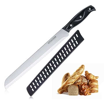 Little Cook Bread Knife with Cover, 10 inch serrated bread knife for homemade bread, German Stainles...