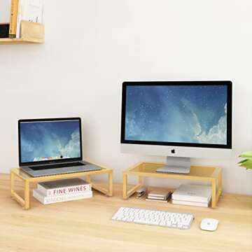 2 Pack- Simple Trending Monitor Stand Riser, Metal Desk Organizer Stand with Anti-Slip Suction Cup for Laptop, Computer, iMac, Printer, Golden Yellow