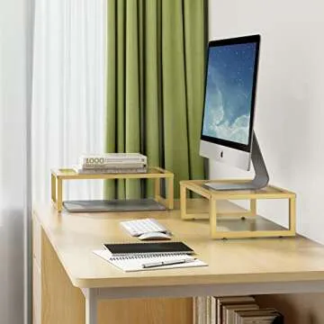 2 Pack- Simple Trending Monitor Stand Riser, Metal Desk Organizer Stand with Anti-Slip Suction Cup for Laptop, Computer, iMac, Printer, Golden Yellow