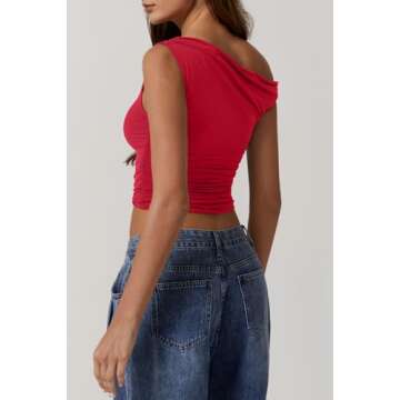 QINSEN Casual Women's Sleeveless Top Fashion One Shoulder Camisole Tank Shirt for Summer Red S