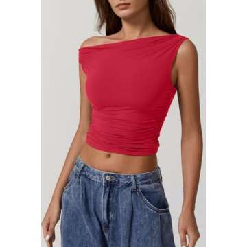 QINSEN Casual Women's Sleeveless Top Fashion One Shoulder Camisole Tank Shirt for Summer Red S