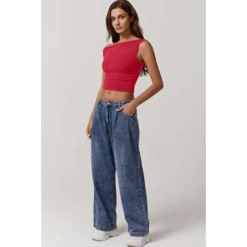 QINSEN Casual Women's Sleeveless Top Fashion One Shoulder Camisole Tank Shirt for Summer Red S