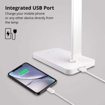 NUOVA GERMANY LED Desk Lamp Eye Protection, Foldable Touch Control Lamp for Kids Room, Office, with USB Charging Port, Dimmable, 5 Lighting White Modes 2800K-6500K (White)