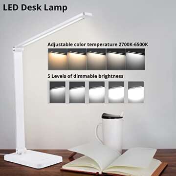 NUOVA GERMANY LED Desk Lamp Eye Protection, Foldable Touch Control Lamp for Kids Room, Office, with USB Charging Port, Dimmable, 5 Lighting White Modes 2800K-6500K (White)