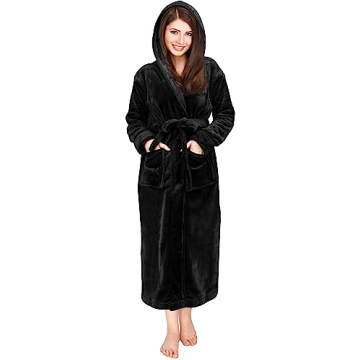 NY Threads Women's Fleece Hooded Bathrobe Plush Long Spa Robe, Large, Black