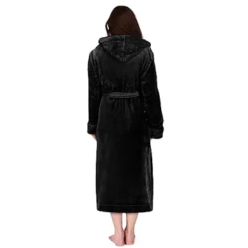 NY Threads Women's Fleece Hooded Bathrobe Plush Long Spa Robe, Large, Black