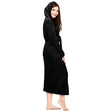 NY Threads Women's Fleece Hooded Bathrobe Plush Long Spa Robe, Large, Black