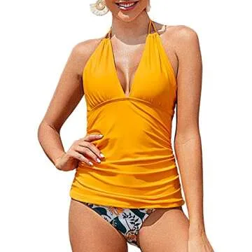 Yonique Womens Two Piece Swimsuits Yellow Tummy Control Tankini Plus Size Bathing Suit Halter V Neck...