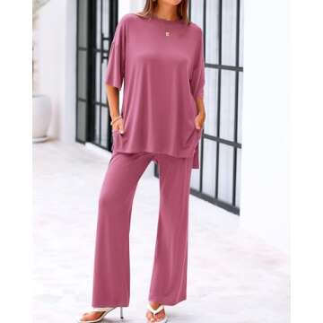 BTFBM Women 2 Piece Outfits Casual Loose Slit Short Sleeve Top Wide Leg Pants Matching Lounge Sets T...