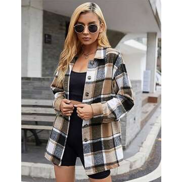 Yeokou Women's Fall Color Block Plaid Flannel Shacket Jacket Button Down Shirt Coat Tops(Khaki-L)