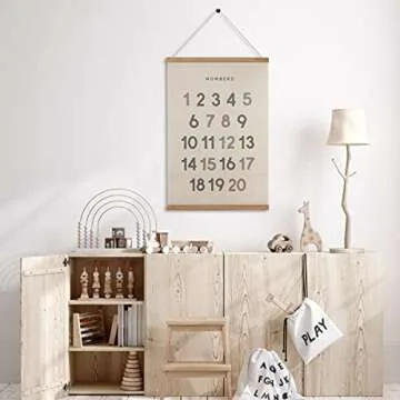 Bon et Beau 16 x 24 Inch Embroidered Number Poster Framed with Wood Hanger - Neutral Gray Wall Déco...