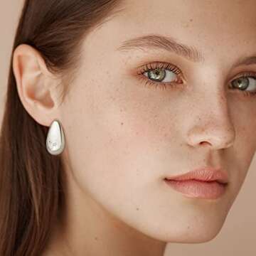 Chunky Gold Hoop Earrings for Women, Lightweight Teardrop Hoops Earrings with 18K Real Gold Plated, Hypoallergenic Earrings Waterdrop Hollow Open Jewelry for Women (Silver)