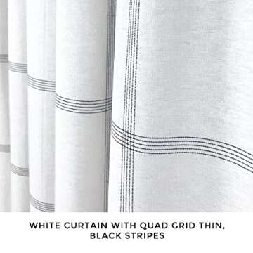 HALL & PERRY Shower Curtain with Fringe Tassels in Ellis Design- White Fabric with Black Grid Lines ...