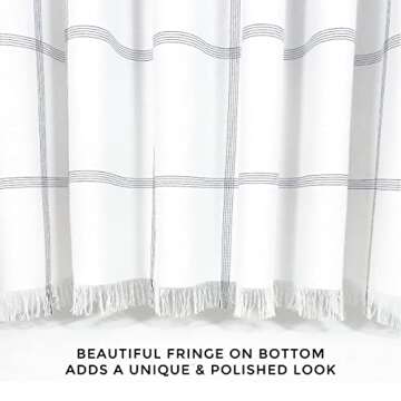 HALL & PERRY Shower Curtain with Fringe Tassels in Ellis Design- White Fabric with Black Grid Lines 100% Cotton 72/''x84/'', Ellis White and Black