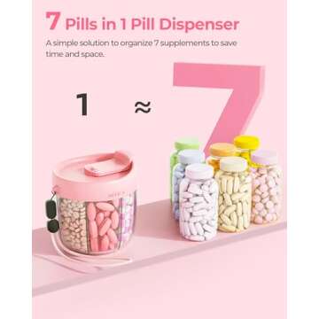 Cute Pill Dispenser with 7 Large Compartments, Portable Pill Bottle Organizer with Wide Opening for Easy Use, Anti-Mix Pill Organizer for Travel, BPA-Free Pill Container, Pink
