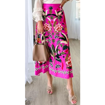 colarat Women's Floral Printed Midi Skirt Casual High Waist Zipper A Line Vintage Long Boho Skirt Dress (Large, Floral)