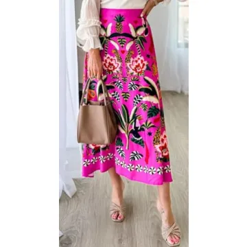 colarat Women's Floral Printed Midi Skirt Casual High Waist Zipper A Line Vintage Long Boho Skirt Dress (Large, Floral)