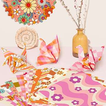 Haooryx 60pcs Groovy Hippie Pattern Paper Retro Boho Rainbow Scrapbook Specialty Paper 11 Inch Double Sided Retro Floral Decorative Paper Giftwrap Decor