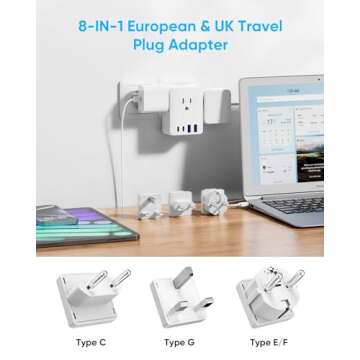 Kakyanill European Travel Plug Adapter Kit, 5ft Detachable Extension Cord with Type C/G/E/F Plug, 4 AC Outlets, 20W USB C Power Delivery, UK Germay France Greece Travel Plug Adapter
