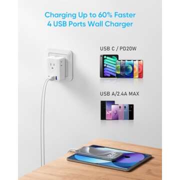 Kakyanill European Travel Plug Adapter Kit, 5ft Detachable Extension Cord with Type C/G/E/F Plug, 4 AC Outlets, 20W USB C Power Delivery, UK Germay France Greece Travel Plug Adapter