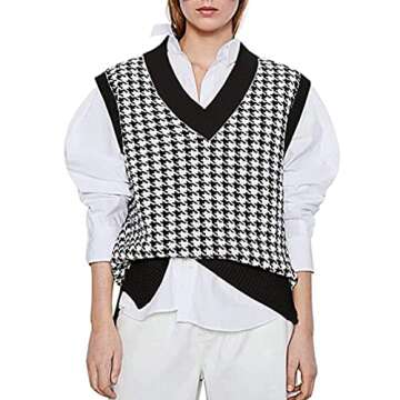 Sdencin Women Houndstooth Pattern Knit Sweater Vest Sleeveless Loose V-Neck 90s Waistcoat Pullover Knitwear Top Black