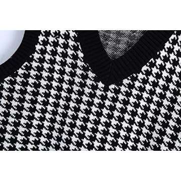 Sdencin Women Houndstooth Pattern Knit Sweater Vest Sleeveless Loose V-Neck 90s Waistcoat Pullover Knitwear Top Black